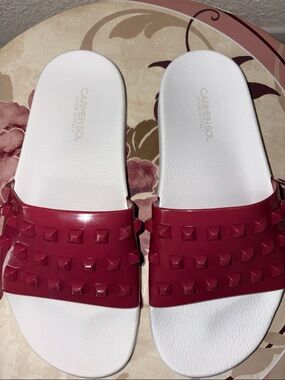 Carmen Sol Red Studded Slide Sandals - White Footbed